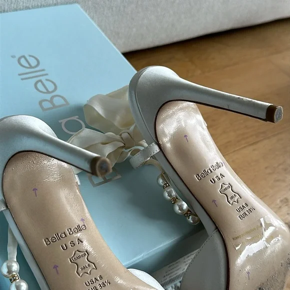 Bella Belle Lisbeth heels. Pearl T-Strap Ivory Heels with Ankle Wrap Bow - Picture 5 of 7